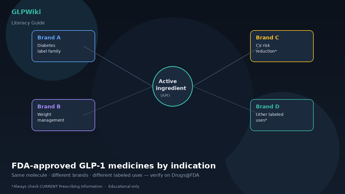 Dark clinical illustration of one active ingredient branching to different brand-labeled indication cards for diabetes, weight, CV risk, and other labeled uses