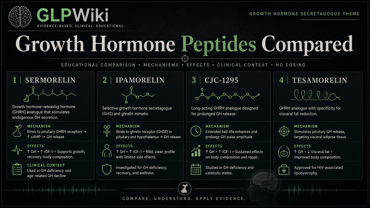 Educational comparison graphic for sermorelin, ipamorelin, CJC-1295, and tesamorelin